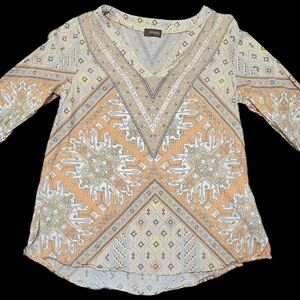 Crosby Geometric Print, Long-sleeve, V-neck, in Orange, Yellow, Beige. Boho. M.
